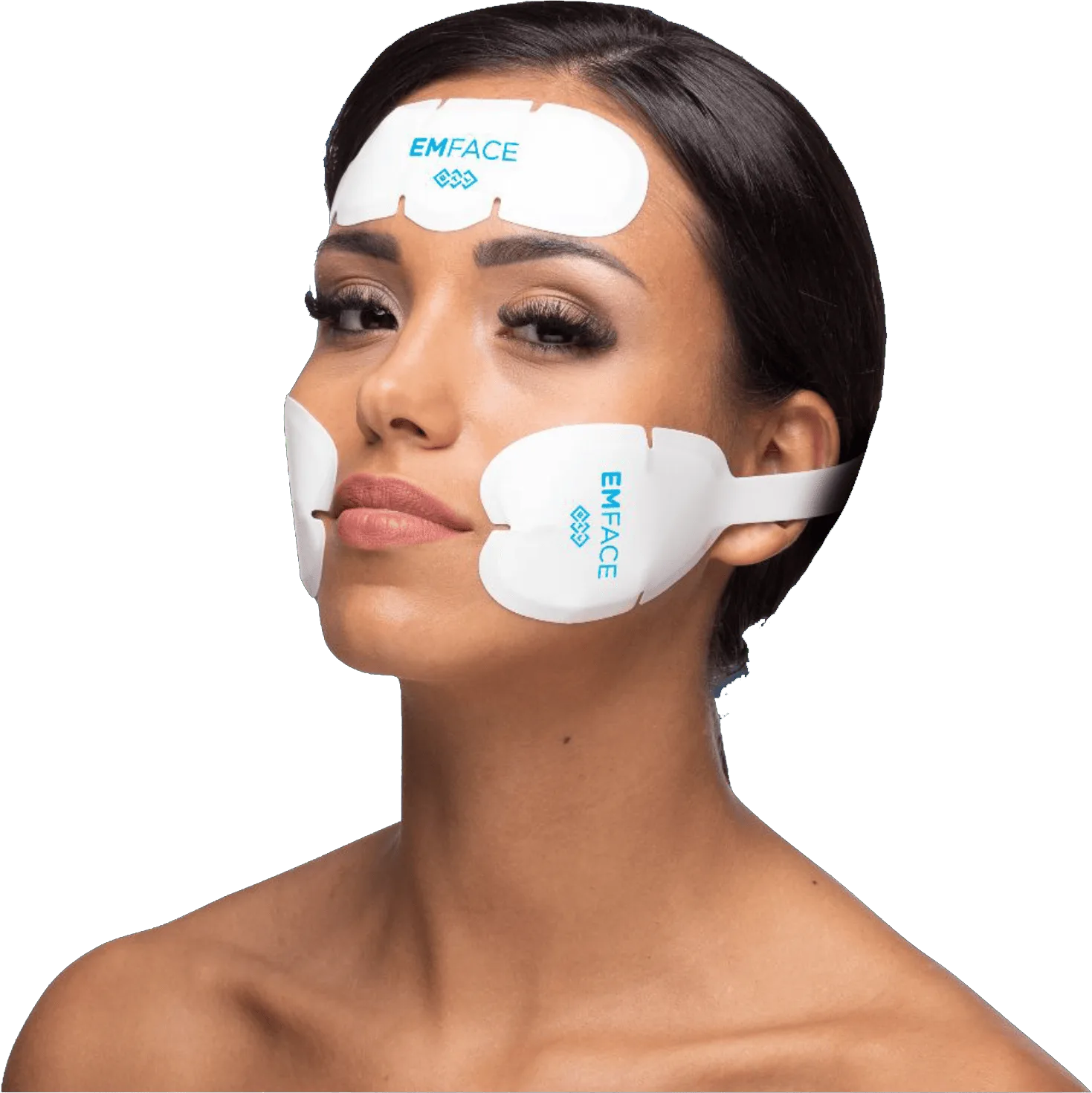 Woman wearing facial treatment applicators on her forehead and cheeks, EMface facial toning London